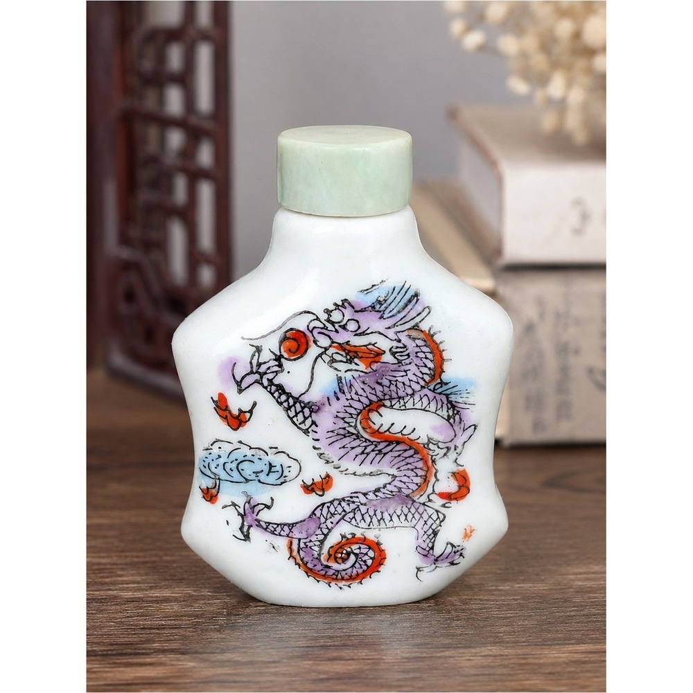 Vintage Chinese Porcelain Snuff Bottle Dragon Celadon Stopper‎ Spoon 2.75in